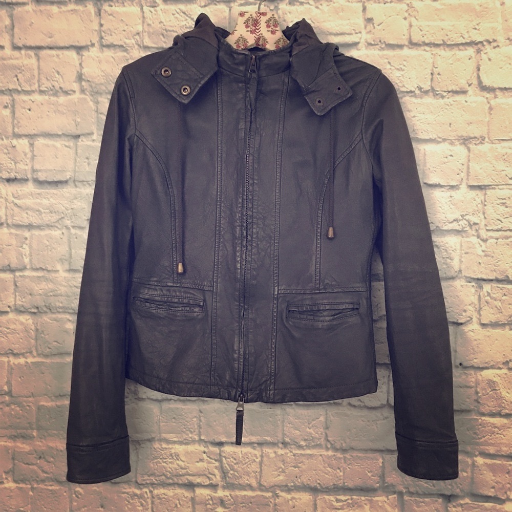 Joie real leather hooded moto jacket